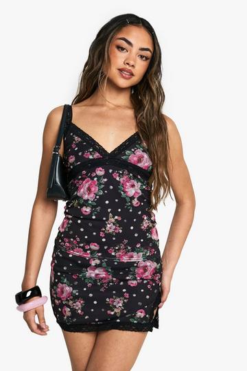 FLORAL PRINTED MESH LACE TRIM CAMI TOP black