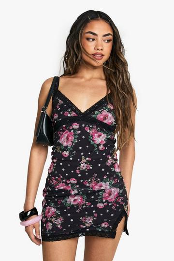 Floral Printed Mesh Lace Trim Split Mini Skirt black