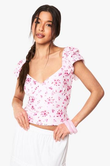 Ditsy Print Broidery Frill Sleeve Milkmaid Top pink