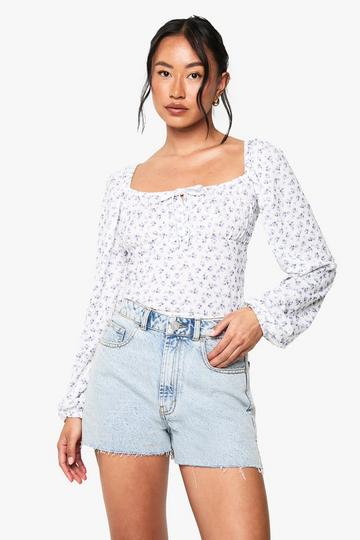 Bloemenpatroon Milkmaid Top Met Lange Pofmouwen white