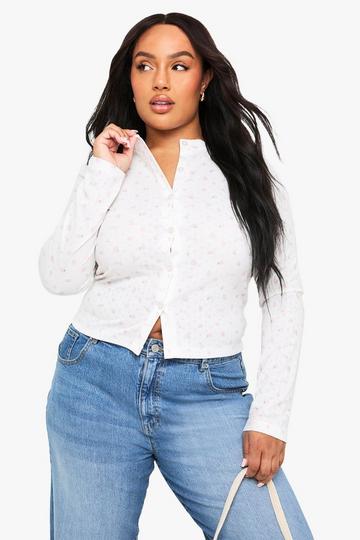 PLUS POINTELLE DITSY LONG SLEEVE BUTTON DOWN FITTED TOP baby pink