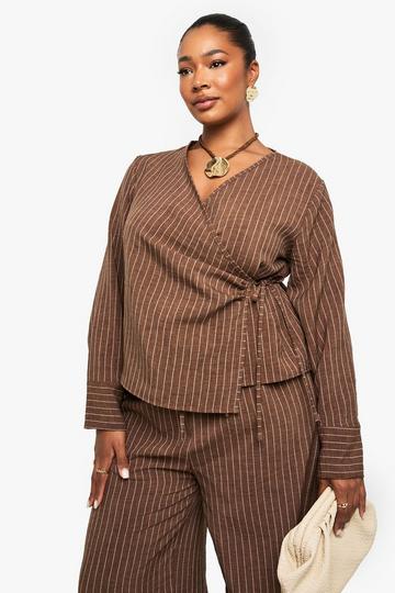 Plus Long Sleeve Tie Front Shirt chocolate