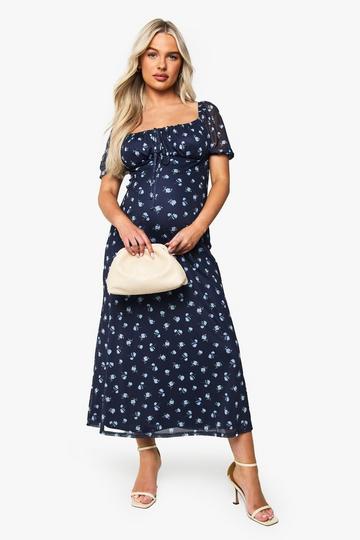 Maternity ditsy mesh rouched busy midaxi dress navy