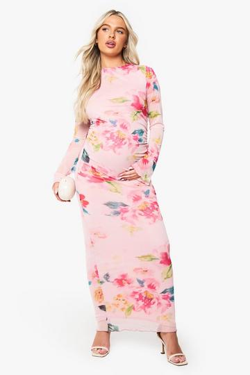 Maternity floral mesh lettuce hem maxi dress pink