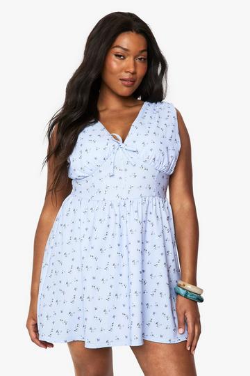 PLUS ditsy TIE DETAIL PLUNGE CORSET SKATER DRESS lilac