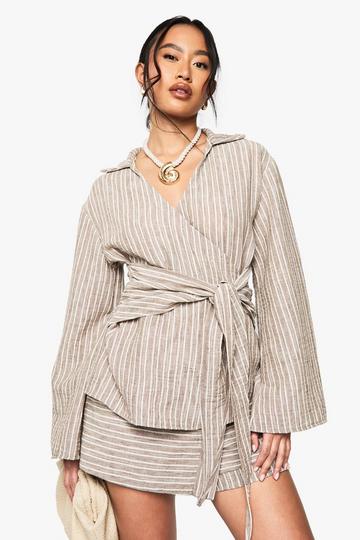 Linen Look Striped Wrap Tie Blouse mocha