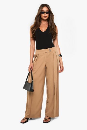 Camel Beige Geweven Geplooide Barrel Leg Broek