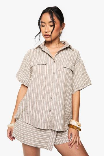 Woven Linen Look Striped Short Sleeve Shirt mocha