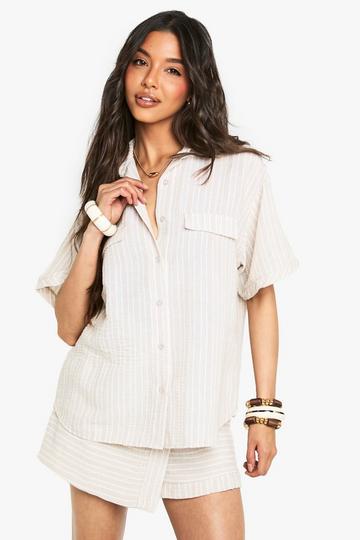 Woven Linen Look Striped Short Sleeve Shirt stone
