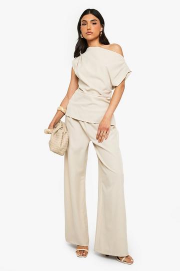 Woven Elasticed Waist Straight Leg Trouser stone