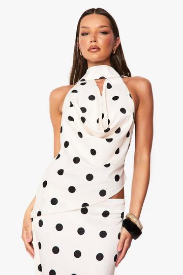 Satin Polka Dot Cowl Neck Top white