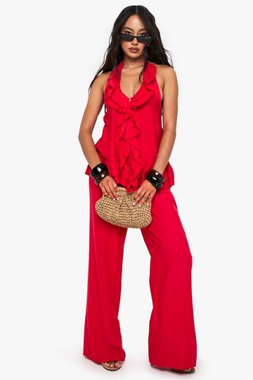 Woven Crinkle Seam Detail Wide Leg Trouser red