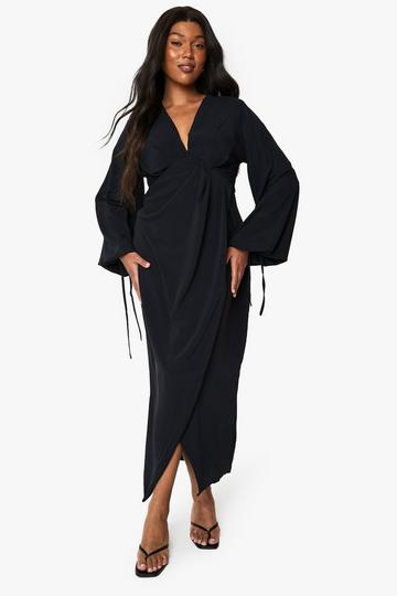 PLUS WRAP BLOUSON SLEEVE MAXI DRESS black