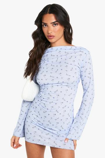 Petite Textured Floral Long Sleeve Mini Dress powder blue