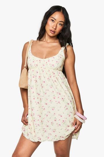 Petite Ditsy Floral Broderie Square Neck Smock Dress lemon