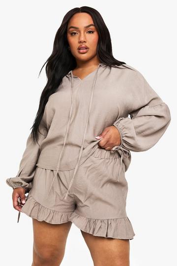 Plus Linen Look Tie Front Blouse taupe