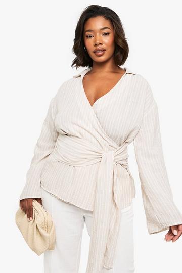 PLUS TIE FRONT STRIPE BLOUSE stone