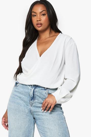 PLUS LONG SLEEVE COWL NECK TOP white