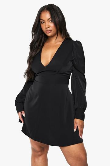 PLUS LONG BLOUSON SLEEVE SKATER DRESS black