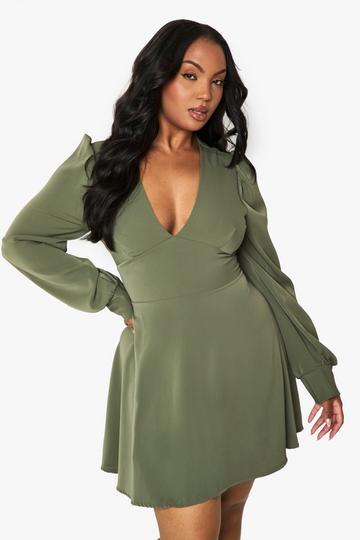 PLUS LONG BLOUSON SLEEVE SKATER DRESS khaki