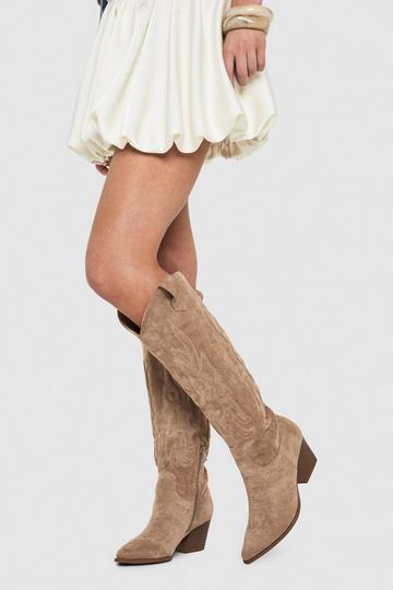 Knee High Embroidered Western Boots taupe