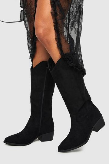 Black Knee High Faux Suede Western Boots