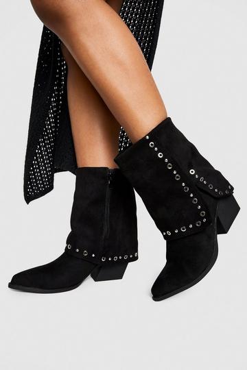 Fold Over Calf High Studded Western Boots black