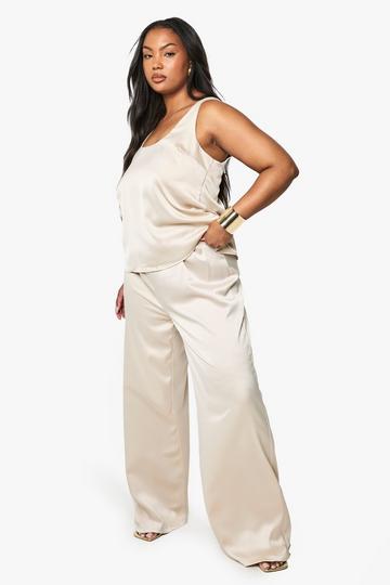 Stone Beige PLUS WIDE LEG SATIN TROUSER