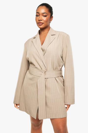 Plus Pinstripe Belted Blazer Dress taupe