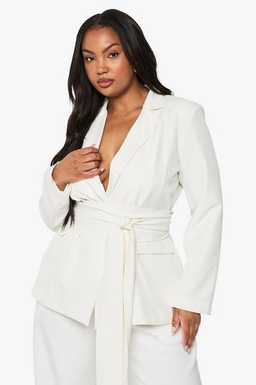 Plus Obi Tie Waist Blazer Dress white