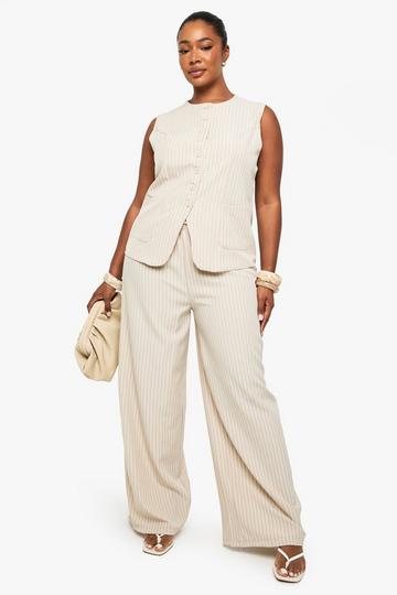 Plus Wide Leg Broek Met Trektouwtjes En Krijtstrepen beige