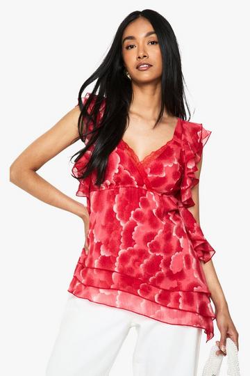 Floral Chiffon Asymmetric Ruffle Blouse red