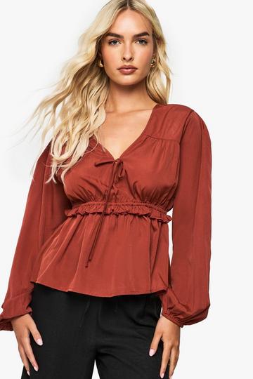 Woven Tie Front Peplum Blouse rust