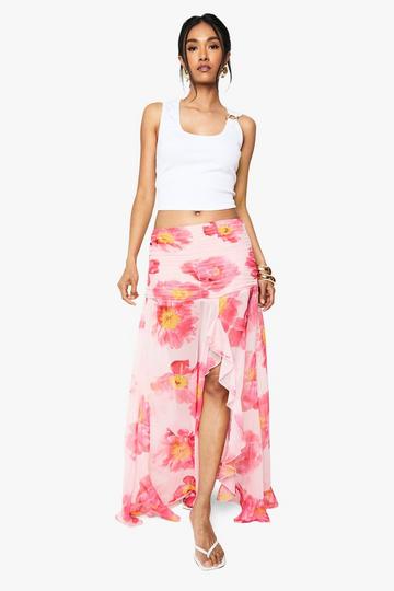 Floral Chiffon Ruffle Split Leg Maxi Skirt pink