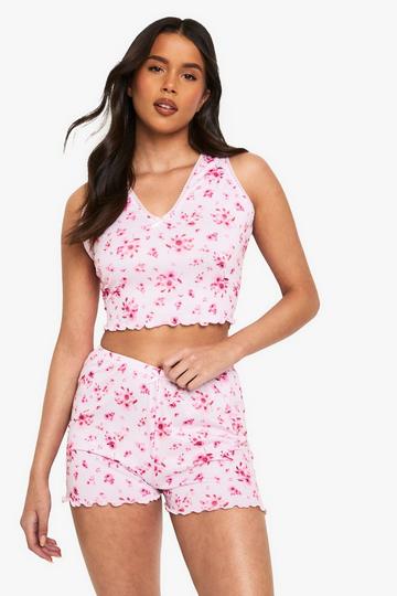 Pink Floral Print Lace Trim Vest & Shorts Pyjama Set