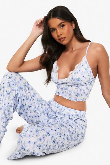 Blue Floral Print Cami & Trousers Pyjama Set white