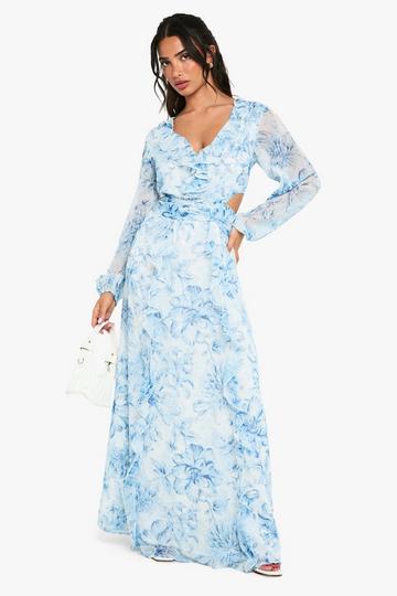 Petite Floral Chiffon Volume Sleeve Maxi dress blue