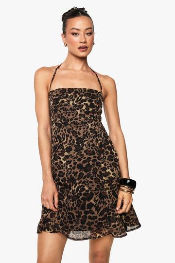 Tall Leopard Print Chiffon Strappy Square Neck Smock Mini Dress brown
