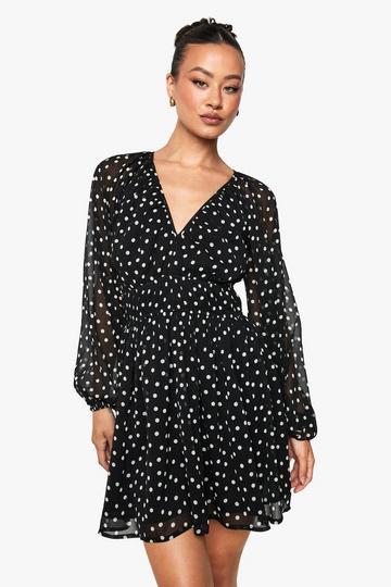 Tall Polka Dot Chiffon Volume Sleeve Ruched Waist Mini Dress black