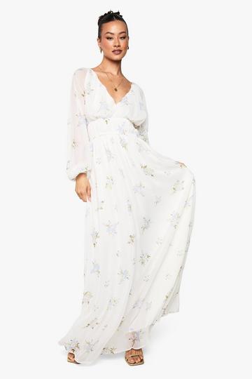 Tall Chiffon Floral Volume Sleeve Ruched Waist Maxi Dress ivory