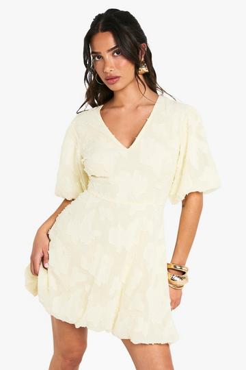 Petite Floral Burnout Plunge Puffball Mini Dress lemon