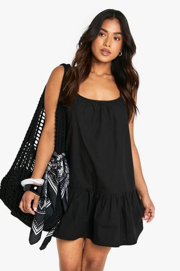 Petite Cotton Poplin Strappy Tiered Swing Mini Dress black