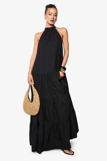 Tall Cotton Poplin High Neck Tiered Smock Dress black
