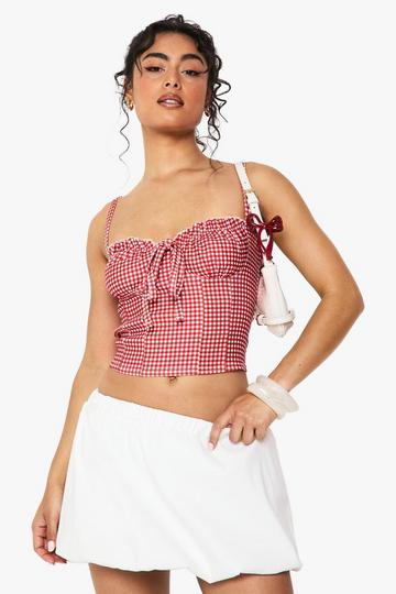 Gingham Print Bengaline Bow Detail Corset Top red