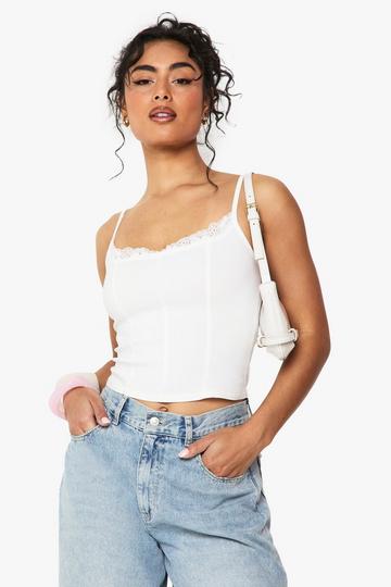 Bengaline Seam Detail Top with Lace Trim white