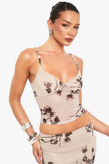 EMBELLISHED PRINTED MESH LINED STRAPPY CAMI TOP nude