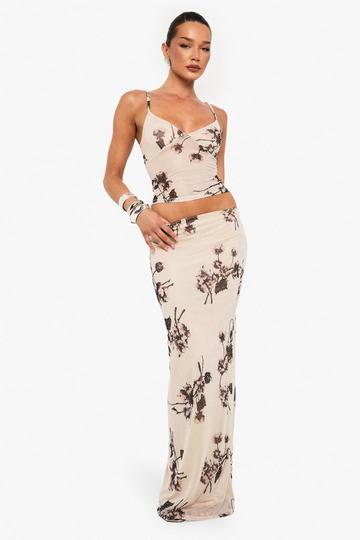 HOT FIX PRINTED MESH LINED COLUMN MAXI SKIRT nude