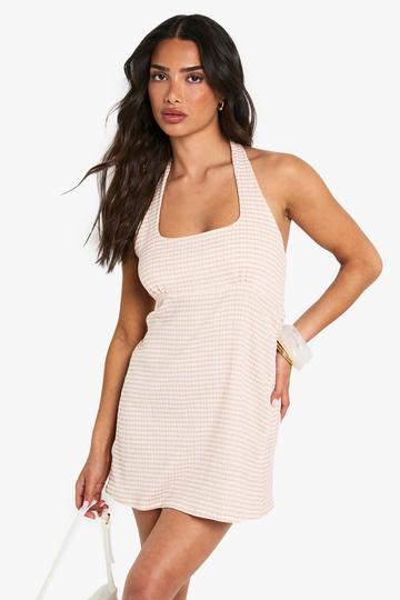 Petite Textured Gingham Halterneck Swing Mini Dress stone