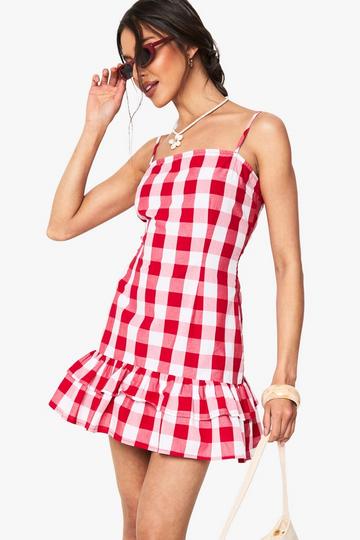 Gingham Strappy Frill Hem Mini Dress red