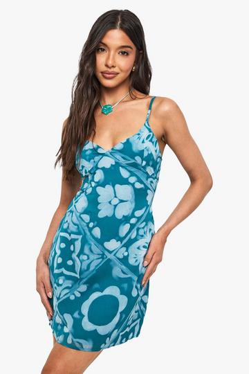 Tile Printed Chiffon Mini Dress blue